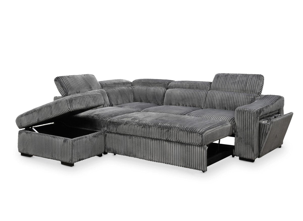 Canapé d'angle convertible avec coffre en velours côtelé gris MARTY - Angle gauche - DécoInParis