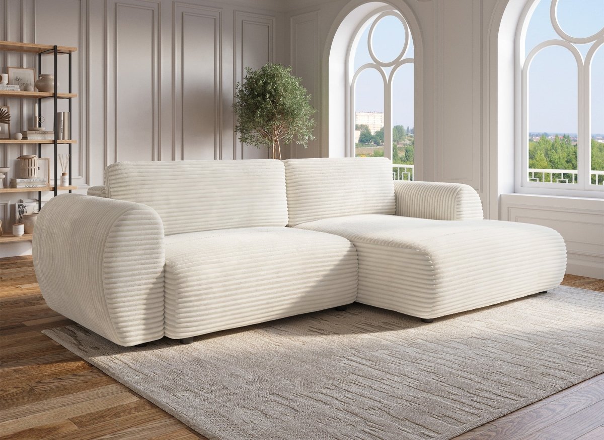 Canapé d'angle convertible avec coffre en velours gros côtelé doux beige TILDA - Angle droit - DécoInParis