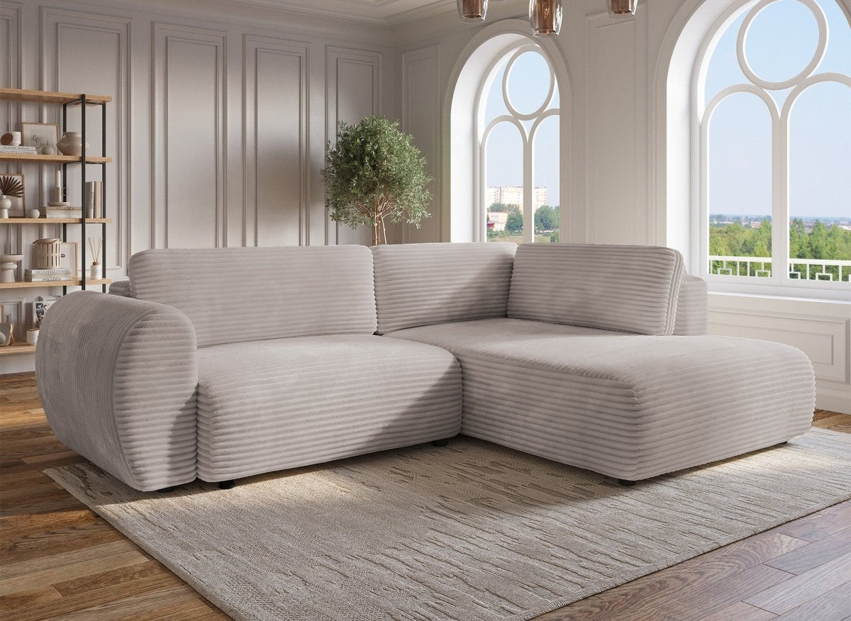 Canapé d'angle convertible avec méridienne et coffre en gros côtelé doux taupe TILDA - Angle droit - DécoInParis