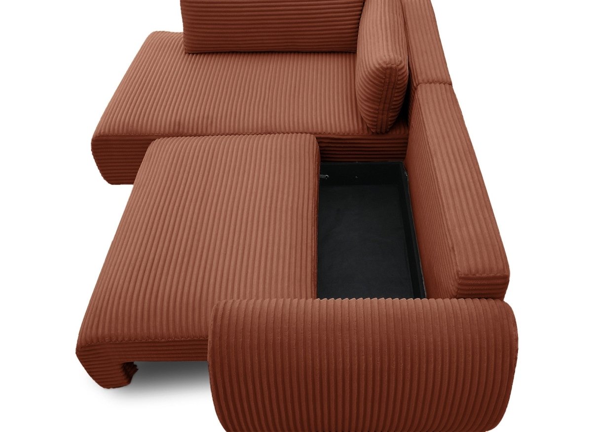 Canapé d'angle convertible avec méridienne et coffre en gros côtelé terracotta TILDA - Angle gauche - DécoInParis