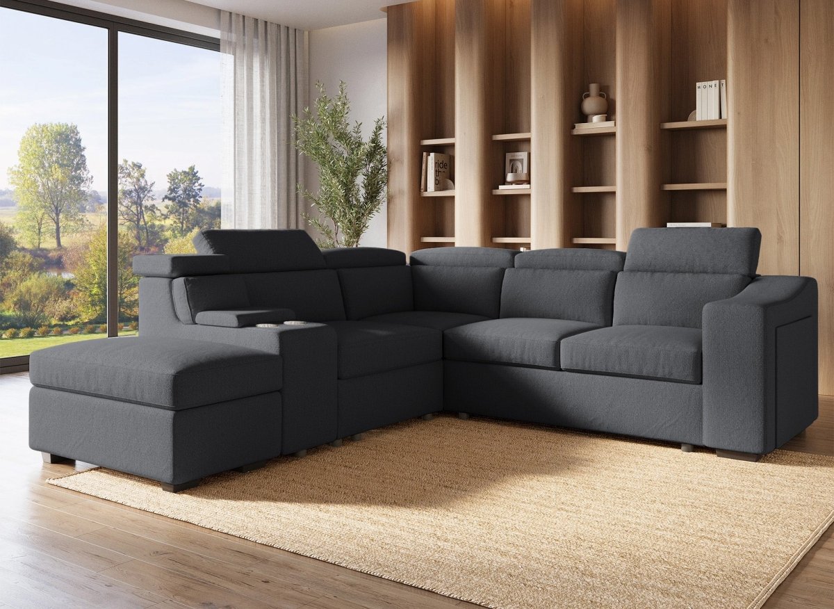 Canapé d'angle convertible en tissu gris foncé DEREK XL - Angle gauche - DécoInParis