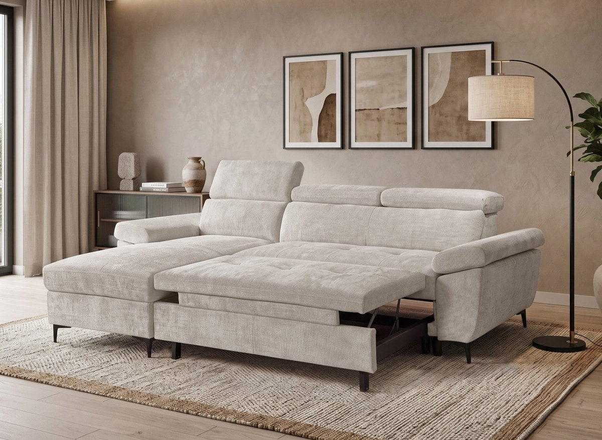 Canapé d'angle convertible en velours chiné beige MONICA - Angle gauche - DécoInParis