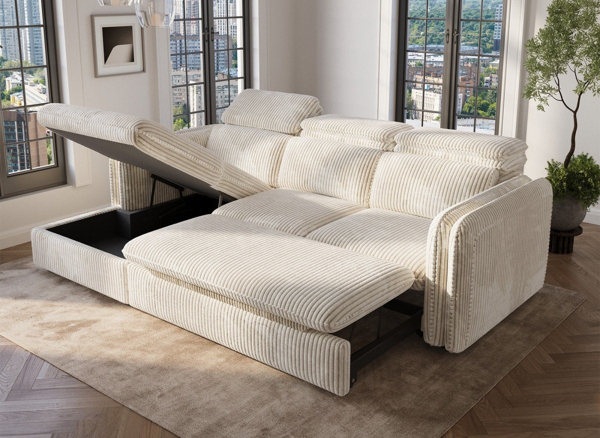 Canapé d'angle convertible en velours côtelé épais beige ISABELLA - Angle gauche - DécoInParis