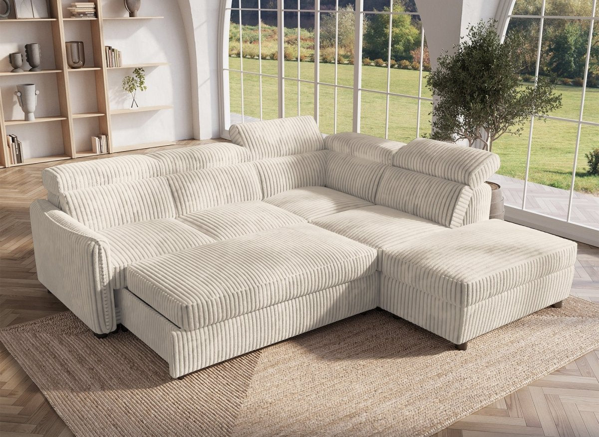 Canapé d'angle convertible en velours côtelé épais beige NAIROBI - Angle droit - DécoInParis