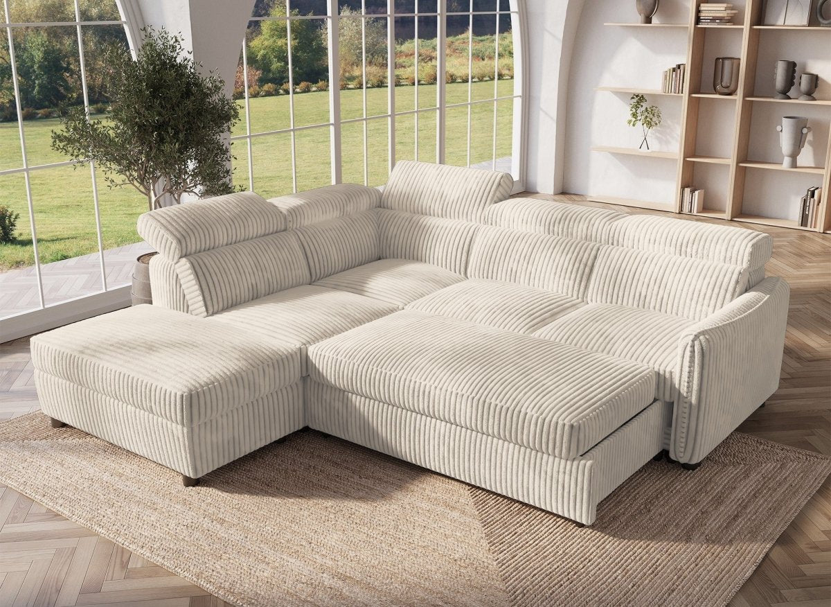 Canapé d'angle convertible en velours côtelé épais beige NAIROBI - Angle gauche - DécoInParis