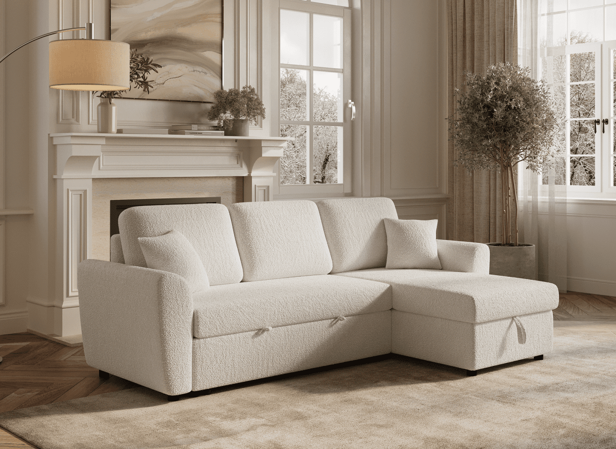 Canapé d'angle convertible et réversible avec coffre en tissu bouclette beige ADRYEN - DécoInParis