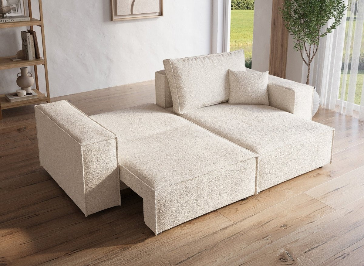 Canapé d'angle convertible et réversible avec coffre en tissu bouclette beige JADE MINI - DécoInParis