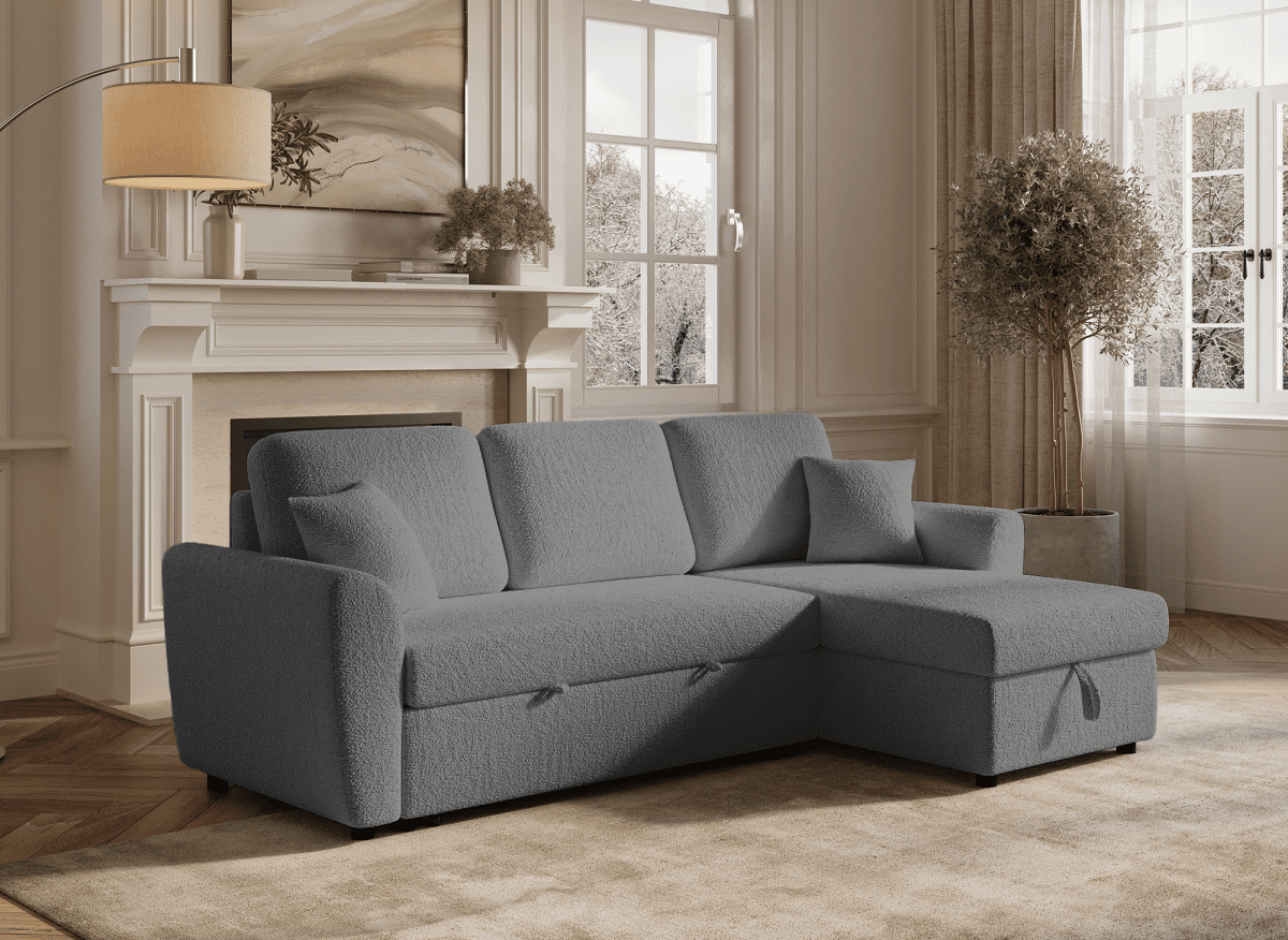 Canapé d'angle convertible et réversible avec coffre en tissu bouclette gris ADRYEN - DécoInParis