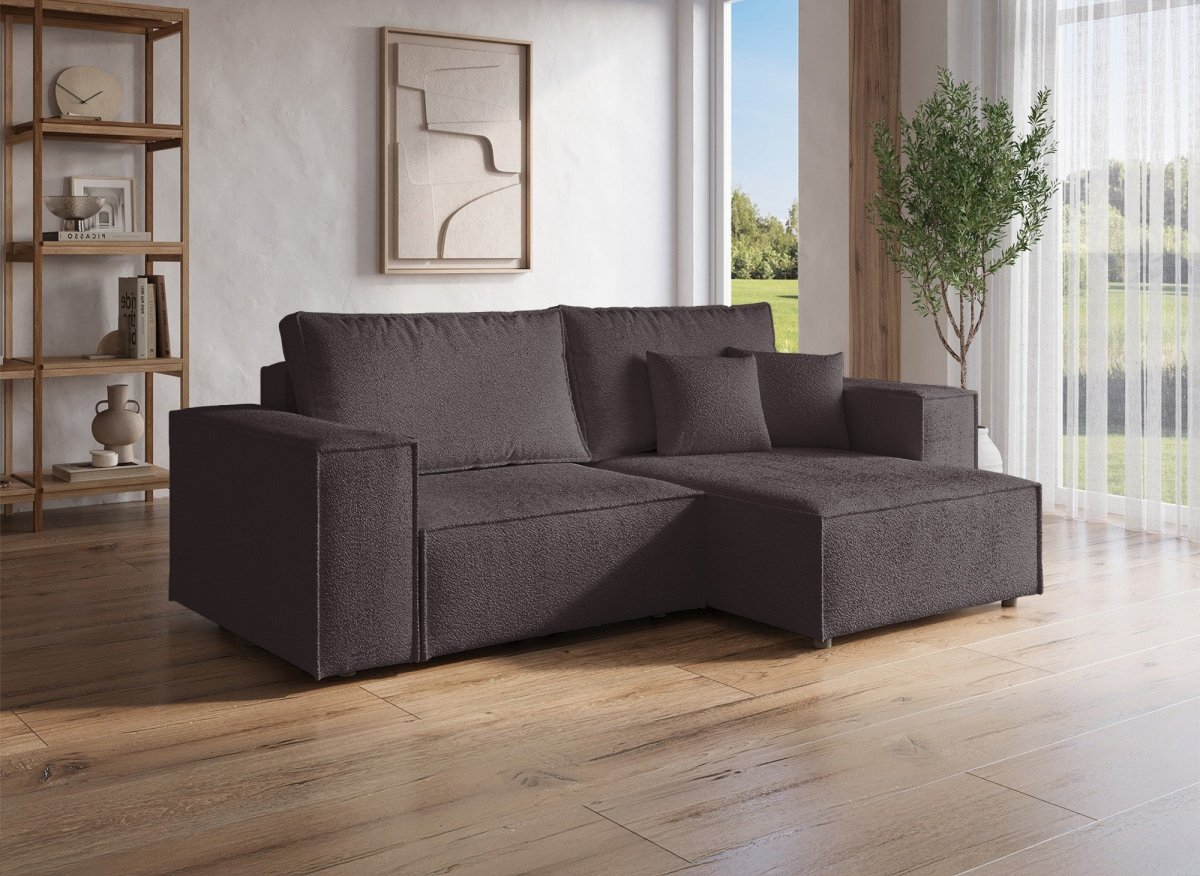 Canapé d'angle convertible et réversible avec coffre en tissu bouclette marron JADE MINI - DécoInParis