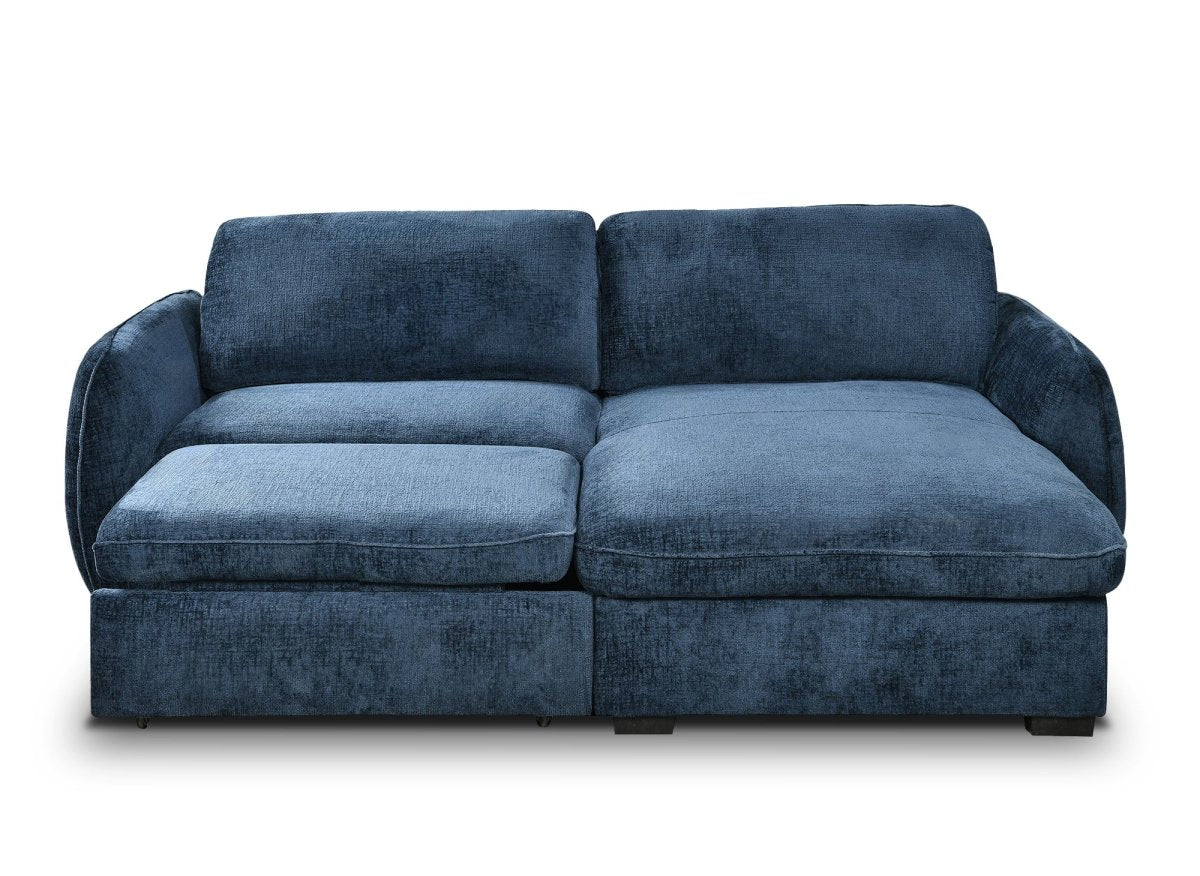 Canapé d'angle convertible et réversible avec coffre en velours chiné bleu LIORA - DécoInParis