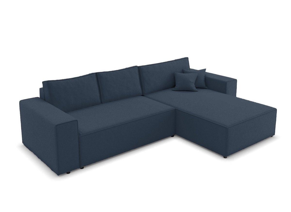 Canapé d'angle convertible et réversible avec coffre en velours cotelé bleu foncé - JADE - DécoInParis