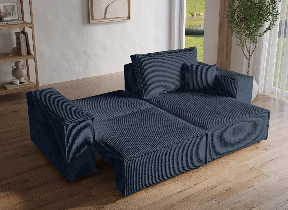 Canapé d'angle convertible et réversible avec coffre en velours côtelé bleu JADE MINI - DécoInParis