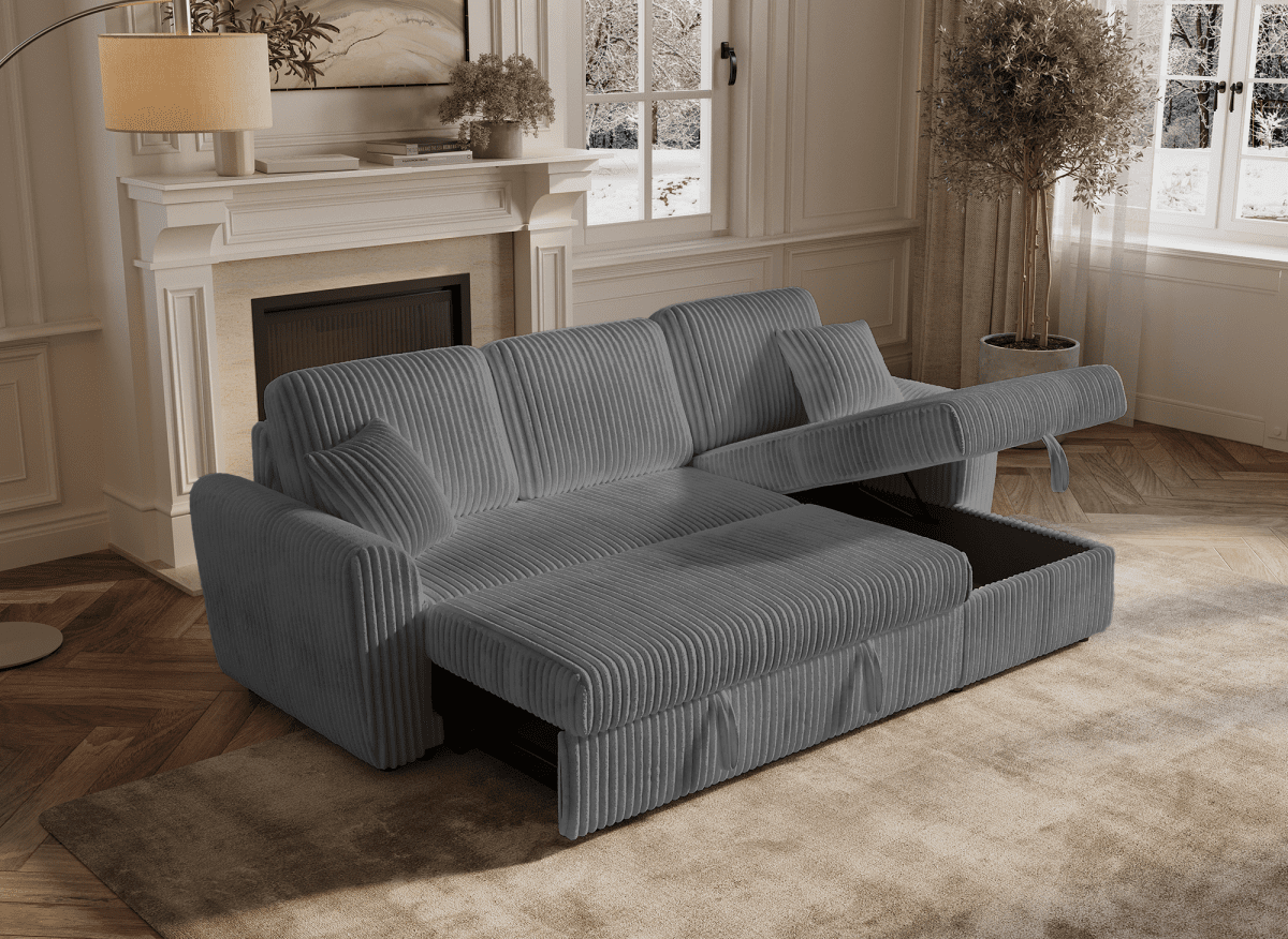 Canapé d'angle convertible et réversible avec coffre en velours côtelé épais gris ADRYEN - DécoInParis