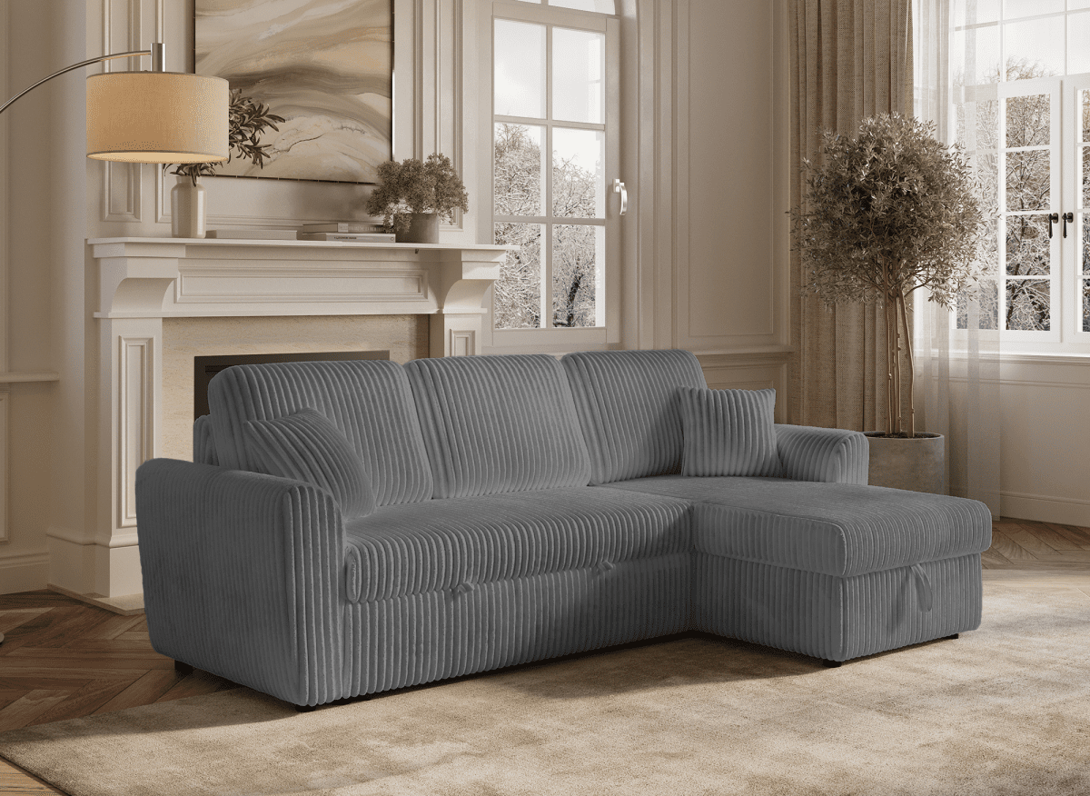 Canapé d'angle convertible et réversible avec coffre en velours côtelé épais gris ADRYEN - DécoInParis