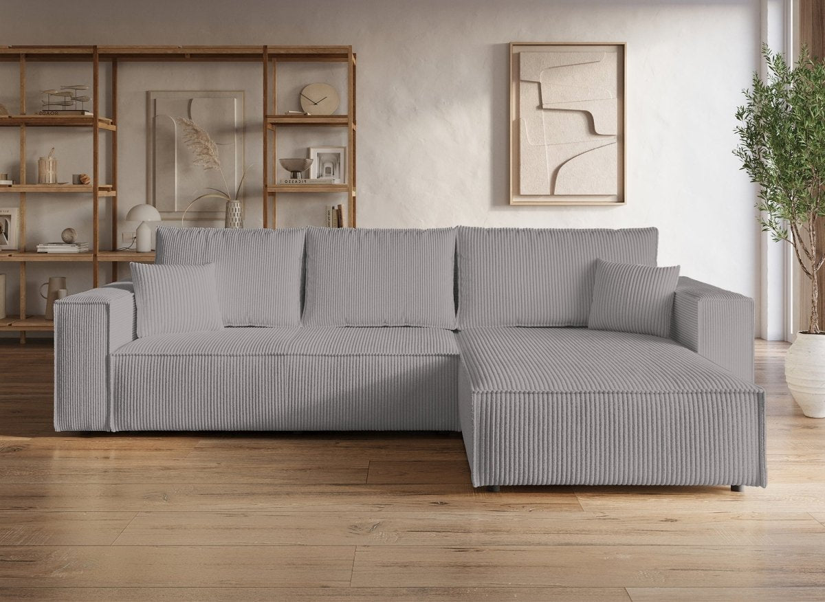 Canapé d'angle convertible et réversible avec coffre en velours cotelé gris clair - JADE - DécoInParis