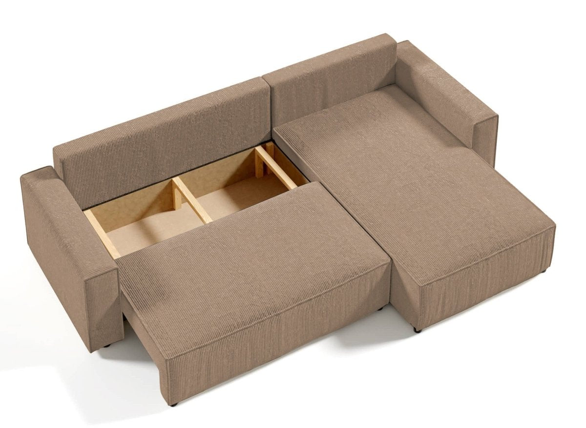 Canapé d'angle convertible et réversible avec coffre en velours cotelé moka JADE - DécoInParis