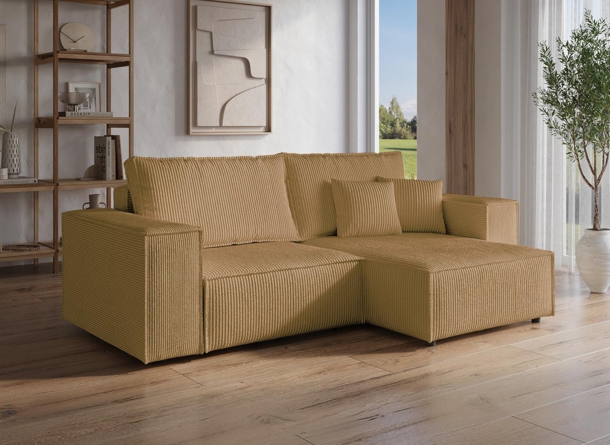 Canapé d'angle convertible et réversible avec coffre en velours côtelé moutarde JADE MINI - DécoInParis