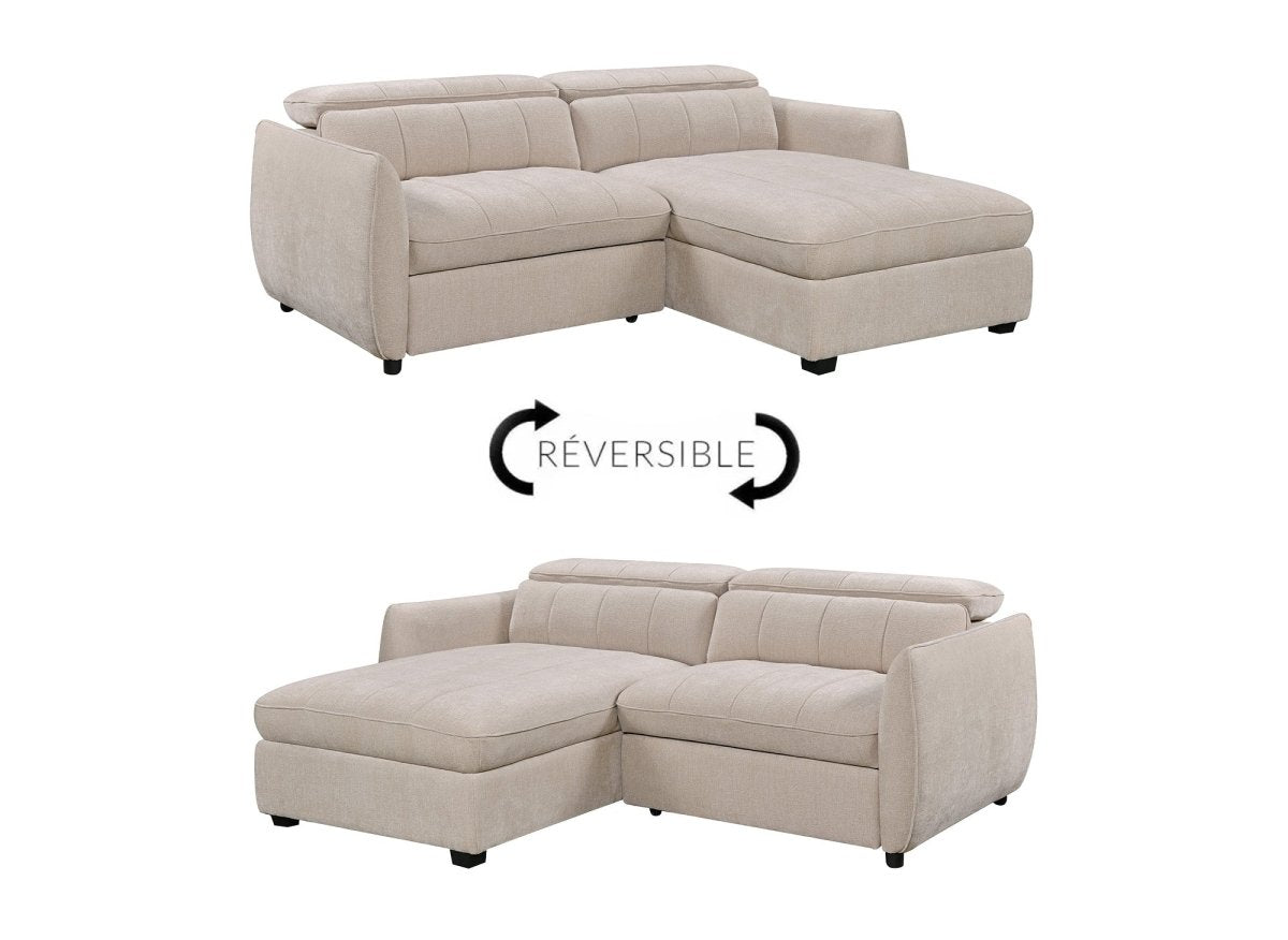 Canapé d'angle convertible et réversible avec coffre en velours tissé beige MADALENA - DécoInParis