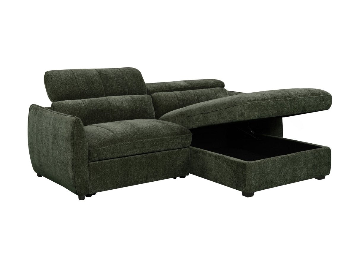 Canapé d'angle convertible et réversible avec coffre en velours tissé vert olive MADALENA - DécoInParis
