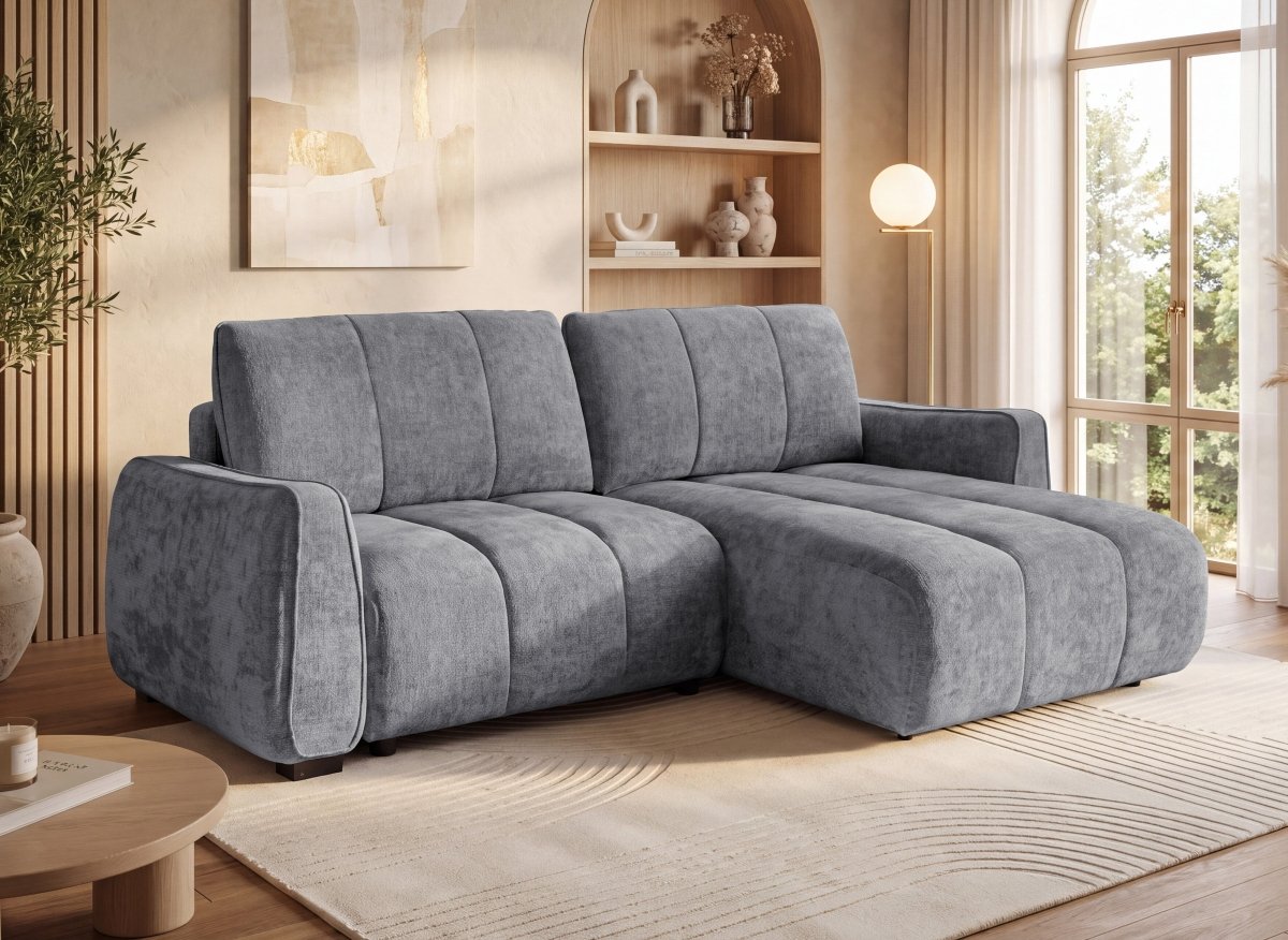 Canapé d'angle convertible et réversible avec coffres en velours texturé gris MAGHLA - DécoInParis