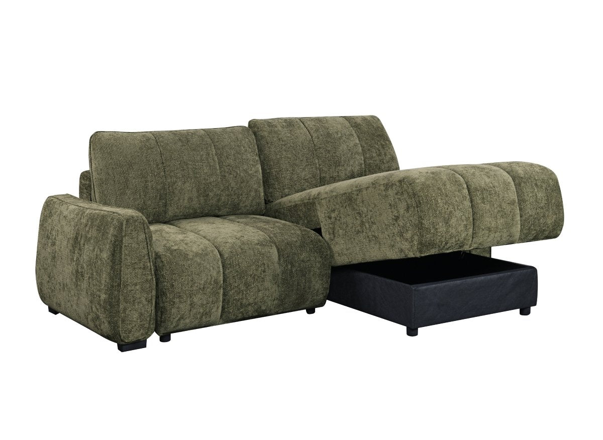 Canapé d'angle convertible et réversible avec coffres en velours texturé vert olive MAGHLA - DécoInParis
