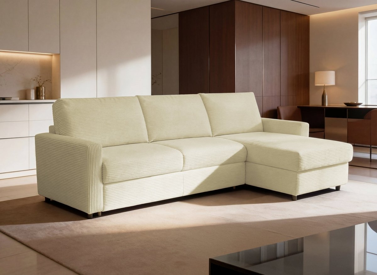 Canapé d'angle convertible et réversible ouverture express en velours chiné beige JULIETTE - DécoInParis