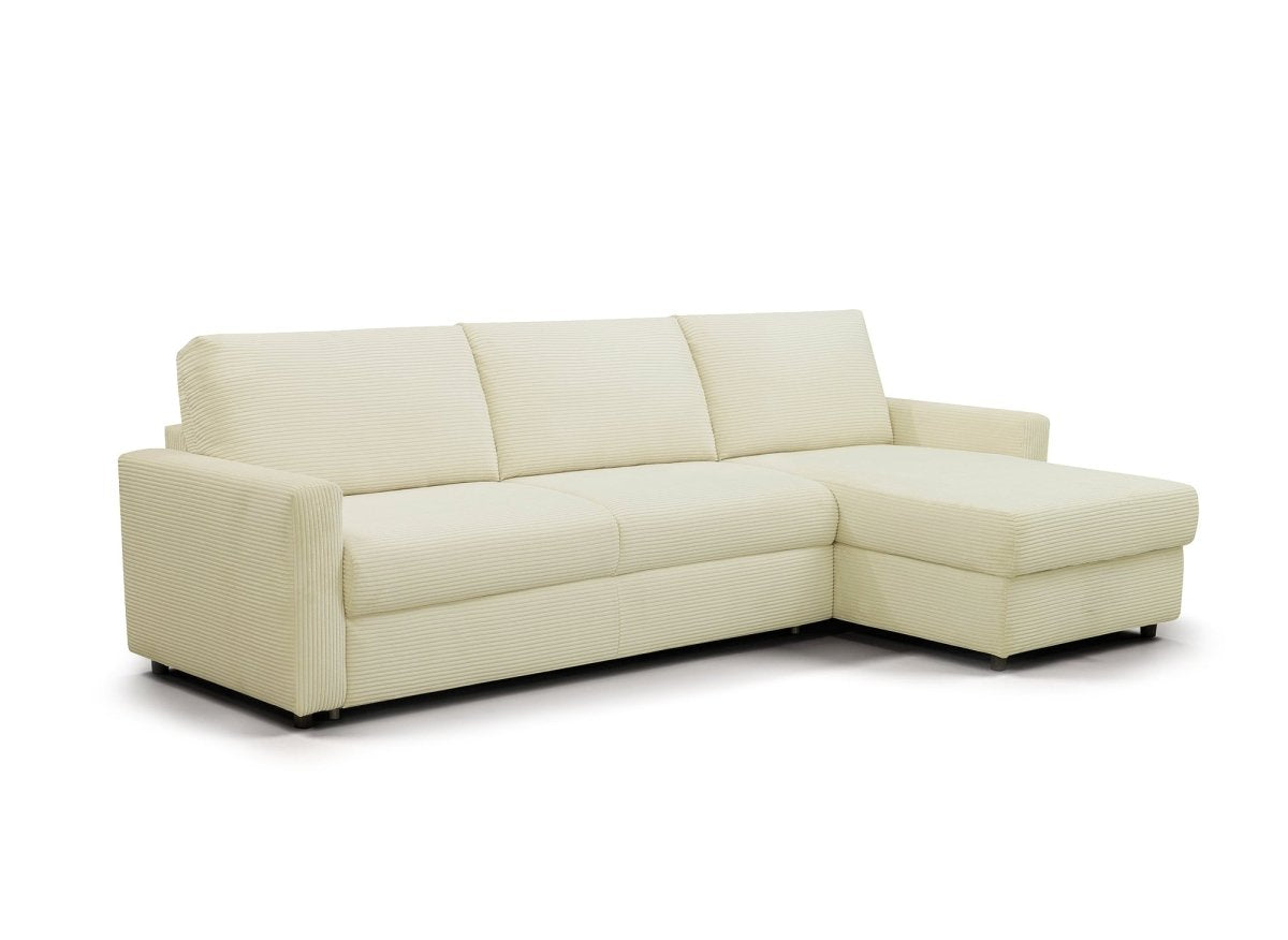 Canapé d'angle convertible et réversible ouverture express en velours chiné beige JULIETTE - DécoInParis