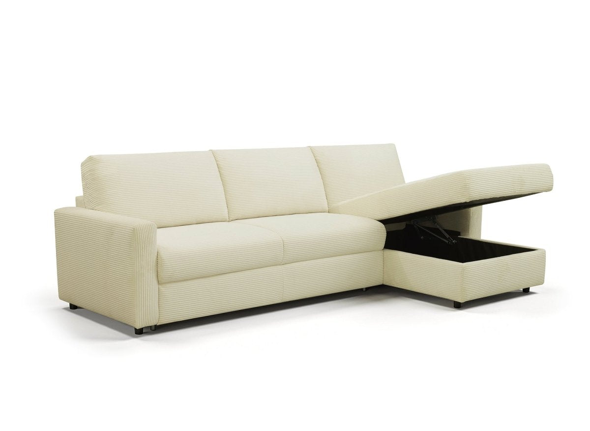 Canapé d'angle convertible et réversible ouverture express en velours chiné beige JULIETTE - DécoInParis