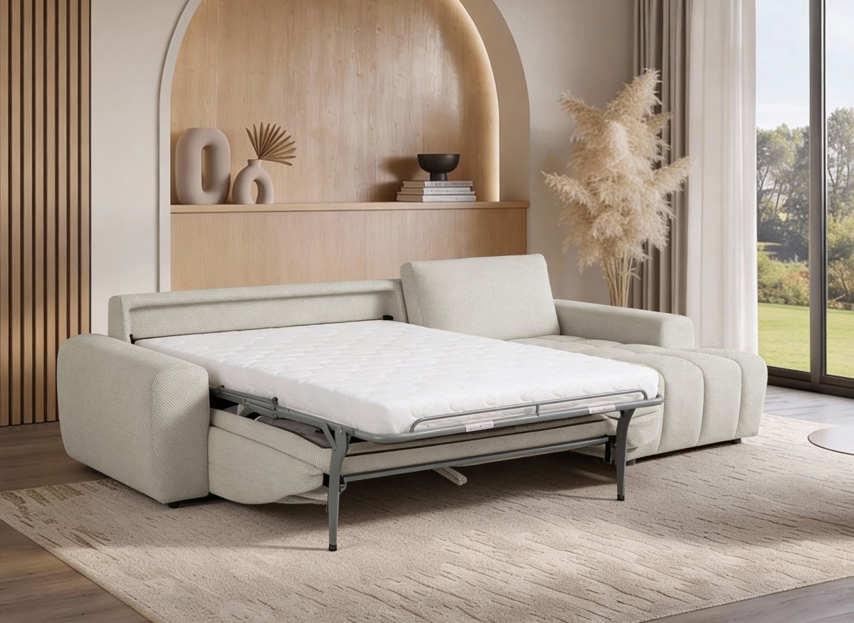 Canapé d'angle convertible ouverture express en tissu beige AGATHE - Angle droit - DécoInParis