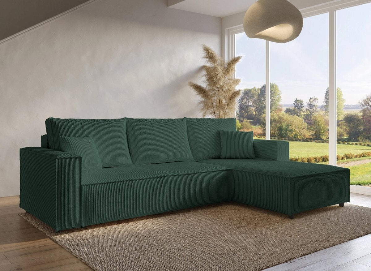 Canapé d'angle convertible réversible avec coffre en velours côtelé vert SYNA - DécoInParis