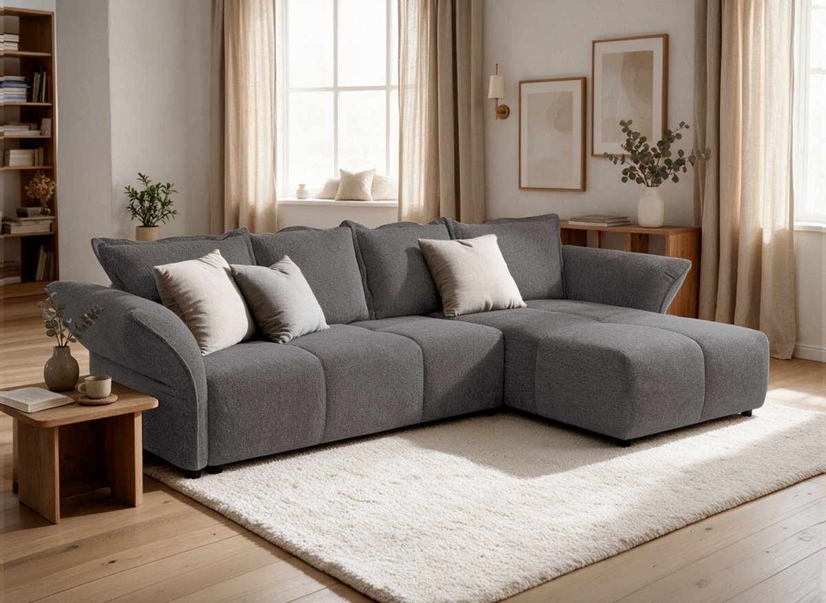 Canapé d'angle convertible réversible en velours tissé gris BELINE - DécoInParis