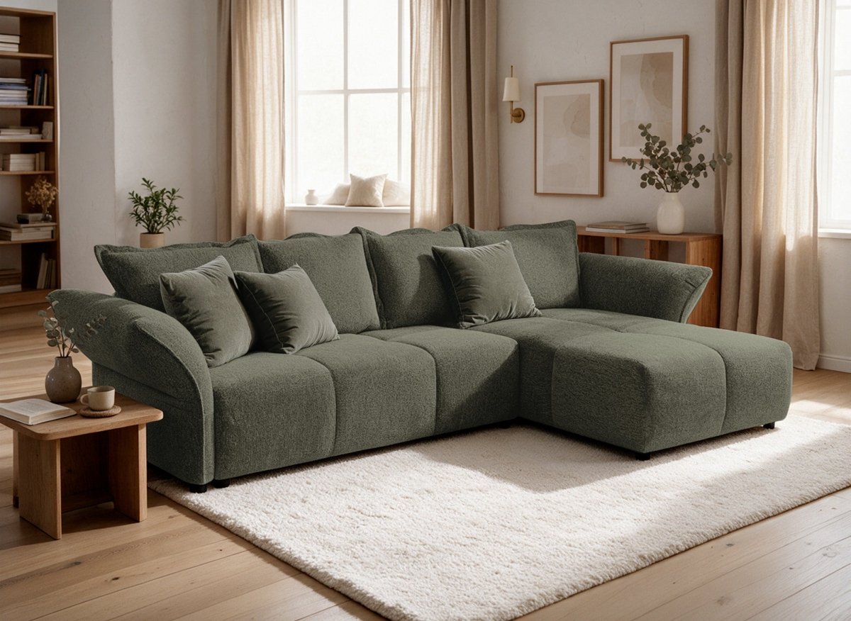 Canapé d'angle convertible réversible en velours tissé vert olive BELINE - DécoInParis