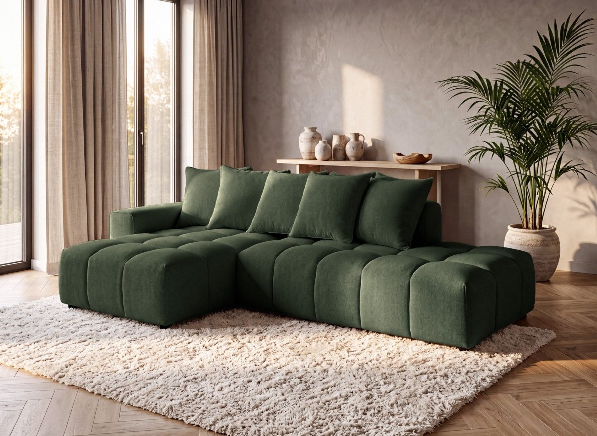 Canapé d'angle en tissu texturé vert olive CLARISSE - Angle gauche - DécoInParis