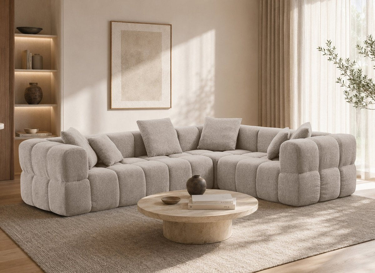 Canapé d'angle en velours texturé beige REBECCA - DécoInParis