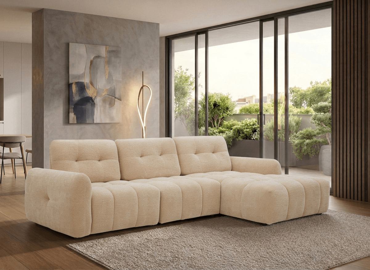 Canapé d'angle en velours tissé beige avec dossier réglable ADONIS - Angle droit - DécoInParis