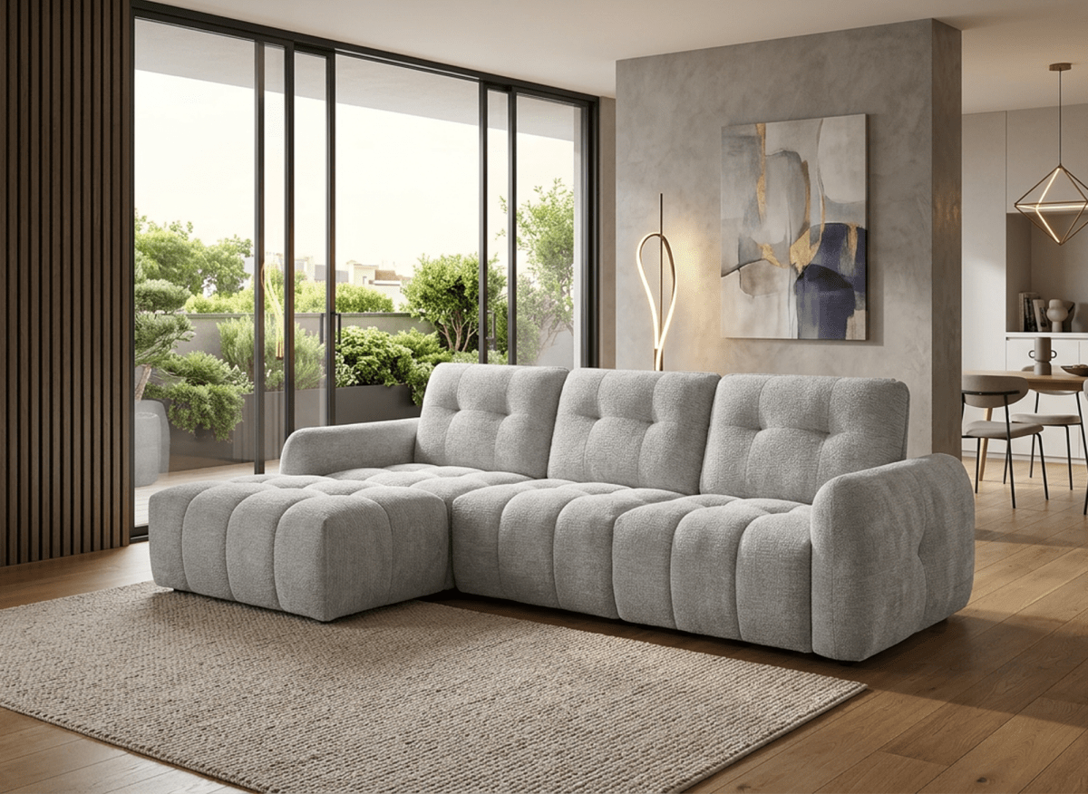 Canapé d'angle en velours tissé gris clair avec dossier réglable ADONIS - Angle gauche - DécoInParis