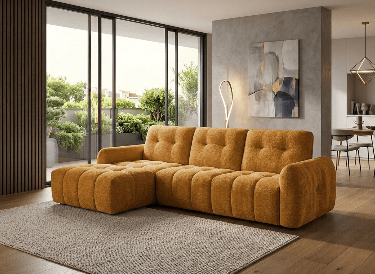 Canapé d'angle en velours tissé moutarde avec dossier réglable ADONIS - Angle gauche - DécoInParis