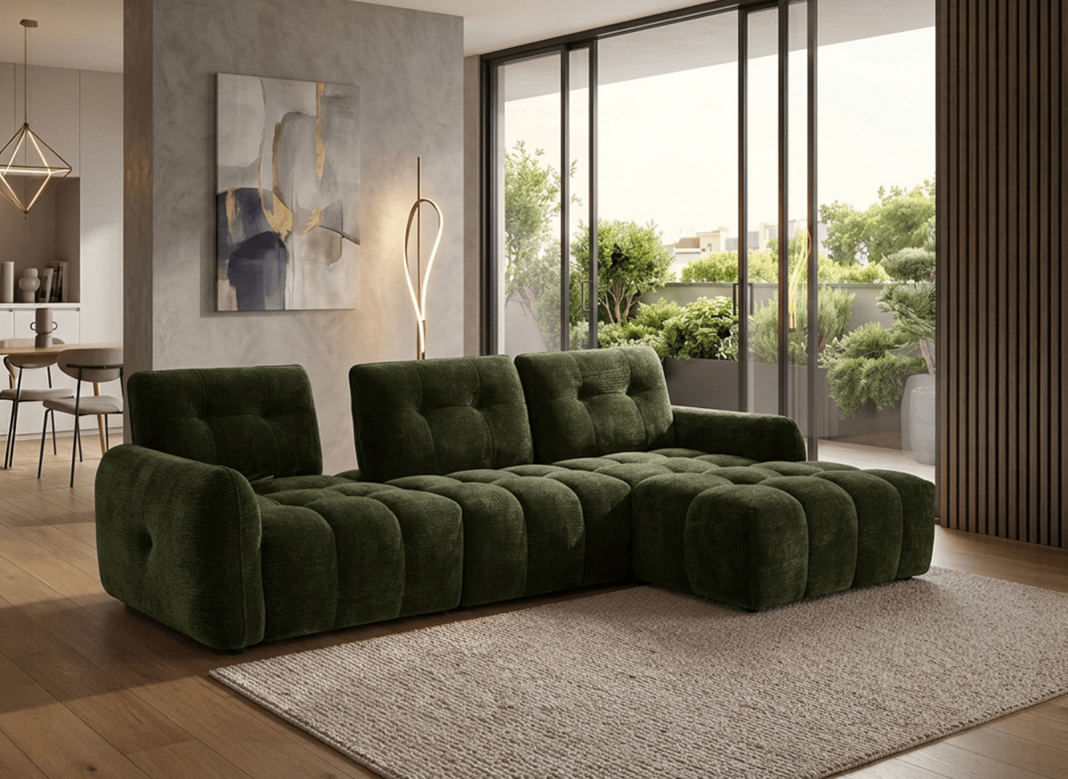 Canapé d'angle en velours tissé vert olive avec dossier réglable ADONIS - Angle droit - DécoInParis