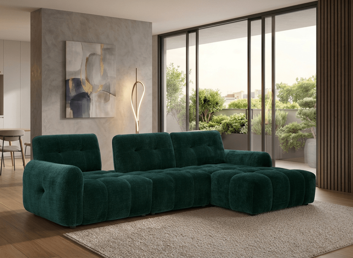 Canapé d'angle en velours tissé vert sapin avec dossier réglable ADONIS - Angle droit - DécoInParis