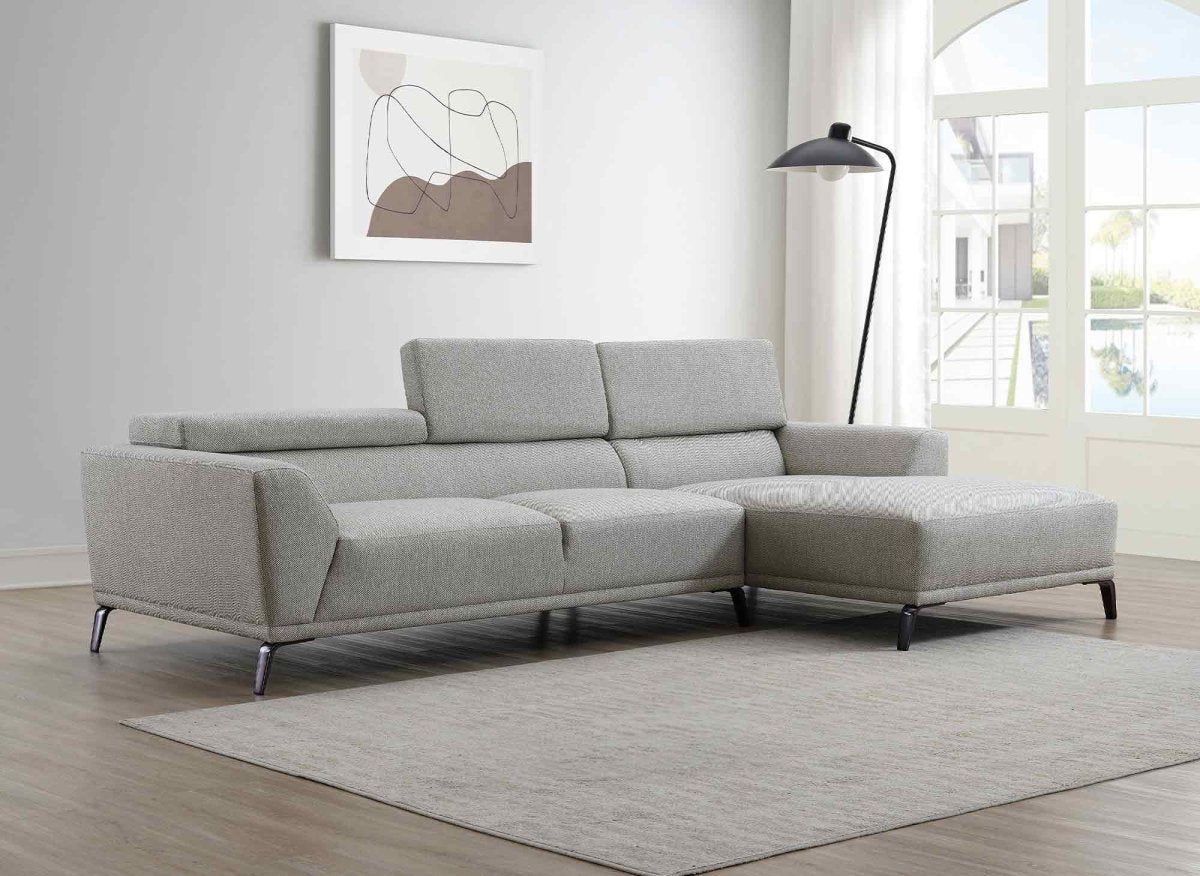 Canapé d'angle fixe avec méridienne en tissu gris clair KALISTA - Angle Droit - DécoInParis