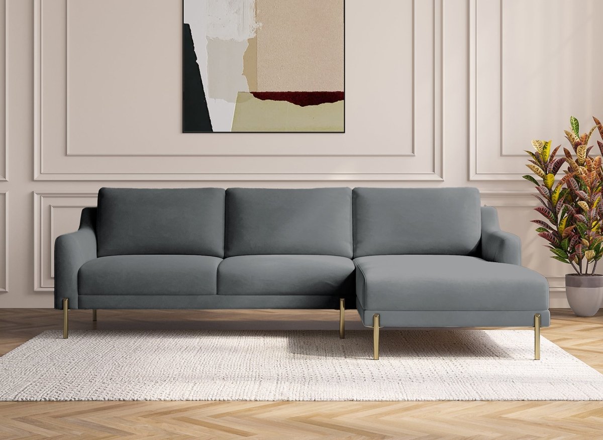 Canapé d'angle fixe avec méridienne en velours gris CELINE - Angle Droit - DécoInParis