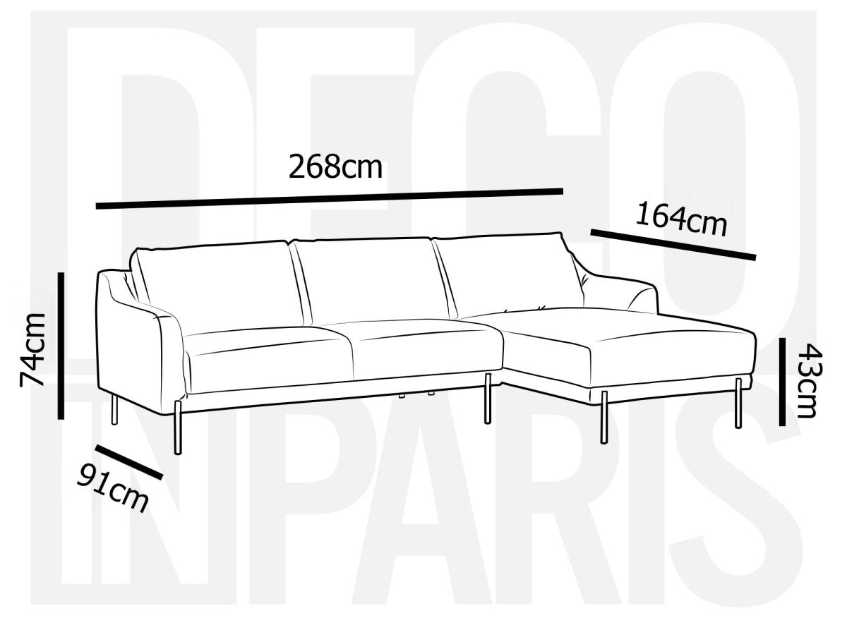 Canapé d'angle fixe avec méridienne en velours gris CELINE - Angle Droit - DécoInParis