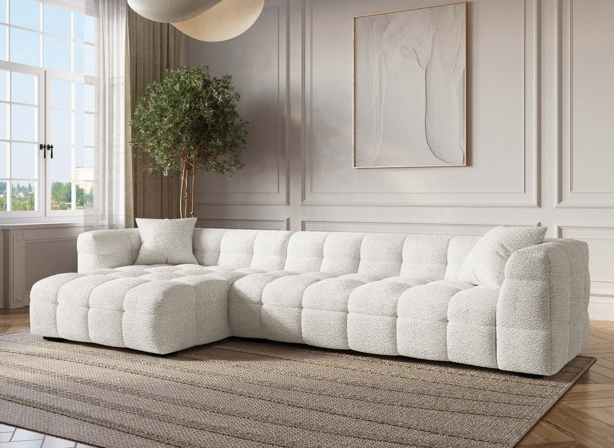 Canapé d'angle fixe effet peau de mouton blanc écru BELLA - Angle gauche - DécoInParis