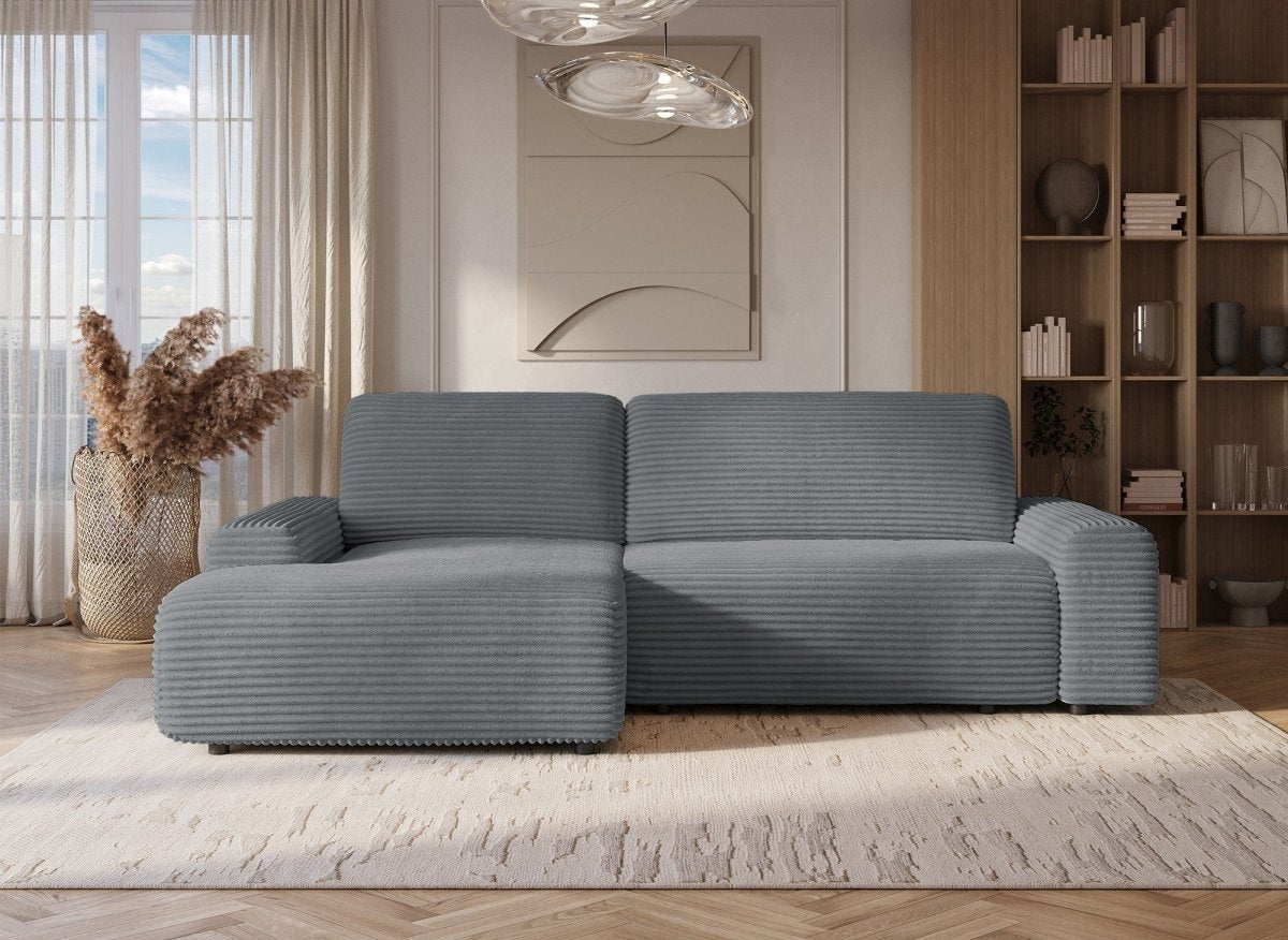 Canapé d'angle gauche convertible avec coffre en velours côtelé épais gris foncé BALI - Angle gauche - DécoInParis