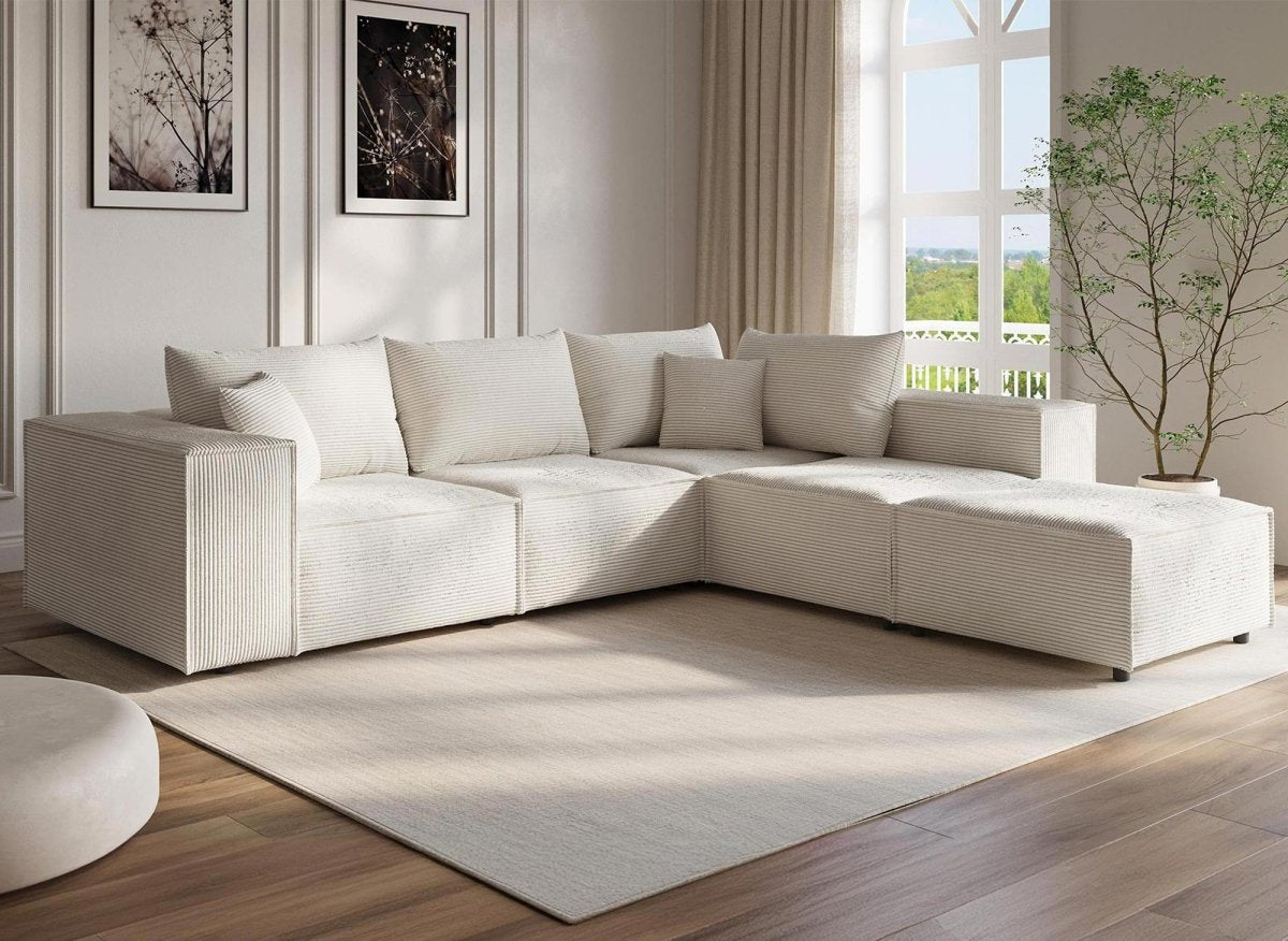 Canapé d'angle modulable avec 1 pouf en velours côtelé épais beige HARLEM XL - DécoInParis