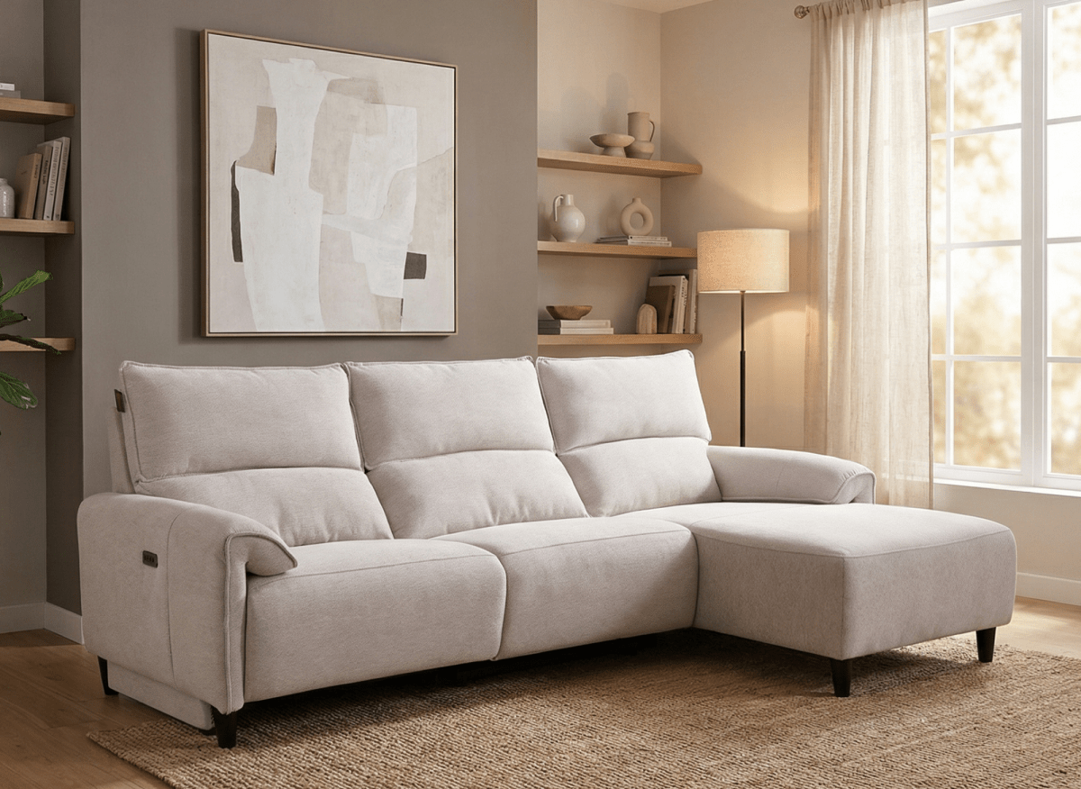 Canapé d’angle relax électrique en tissu beige LUDMILA - Angle droit - DécoInParis