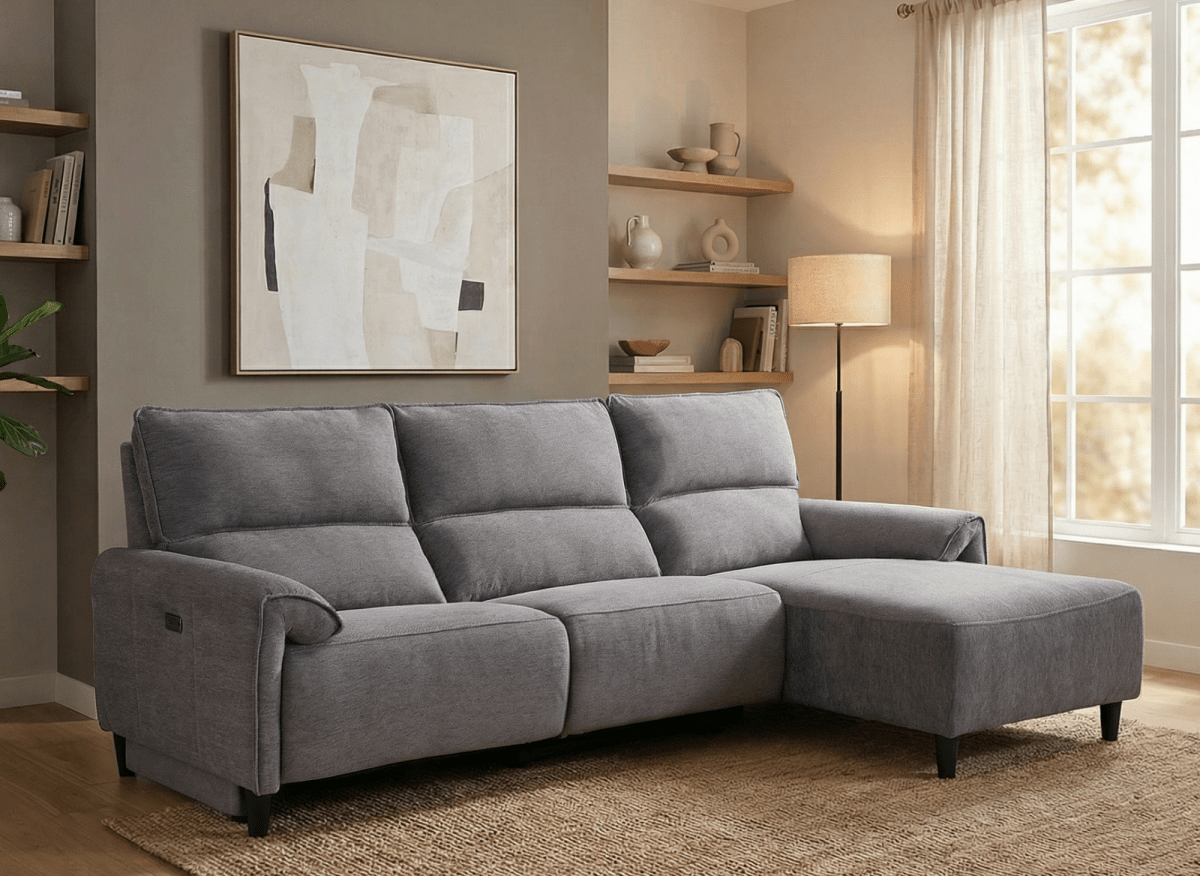 Canapé d’angle relax électrique en tissu gris foncé LUDMILA - Angle droit - DécoInParis