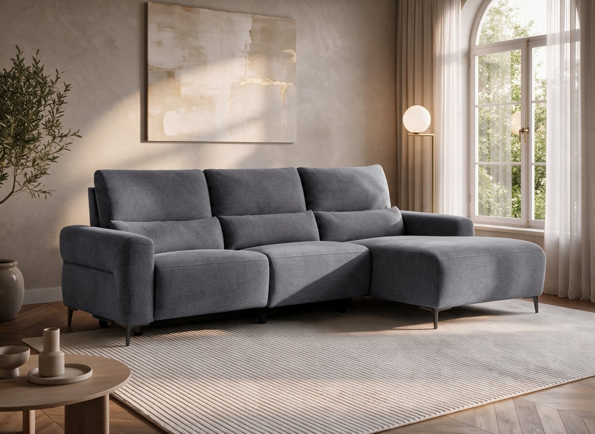 Canapé d'angle relax électrique en tissu gris foncé RAFAELA - Angle droit - DécoInParis