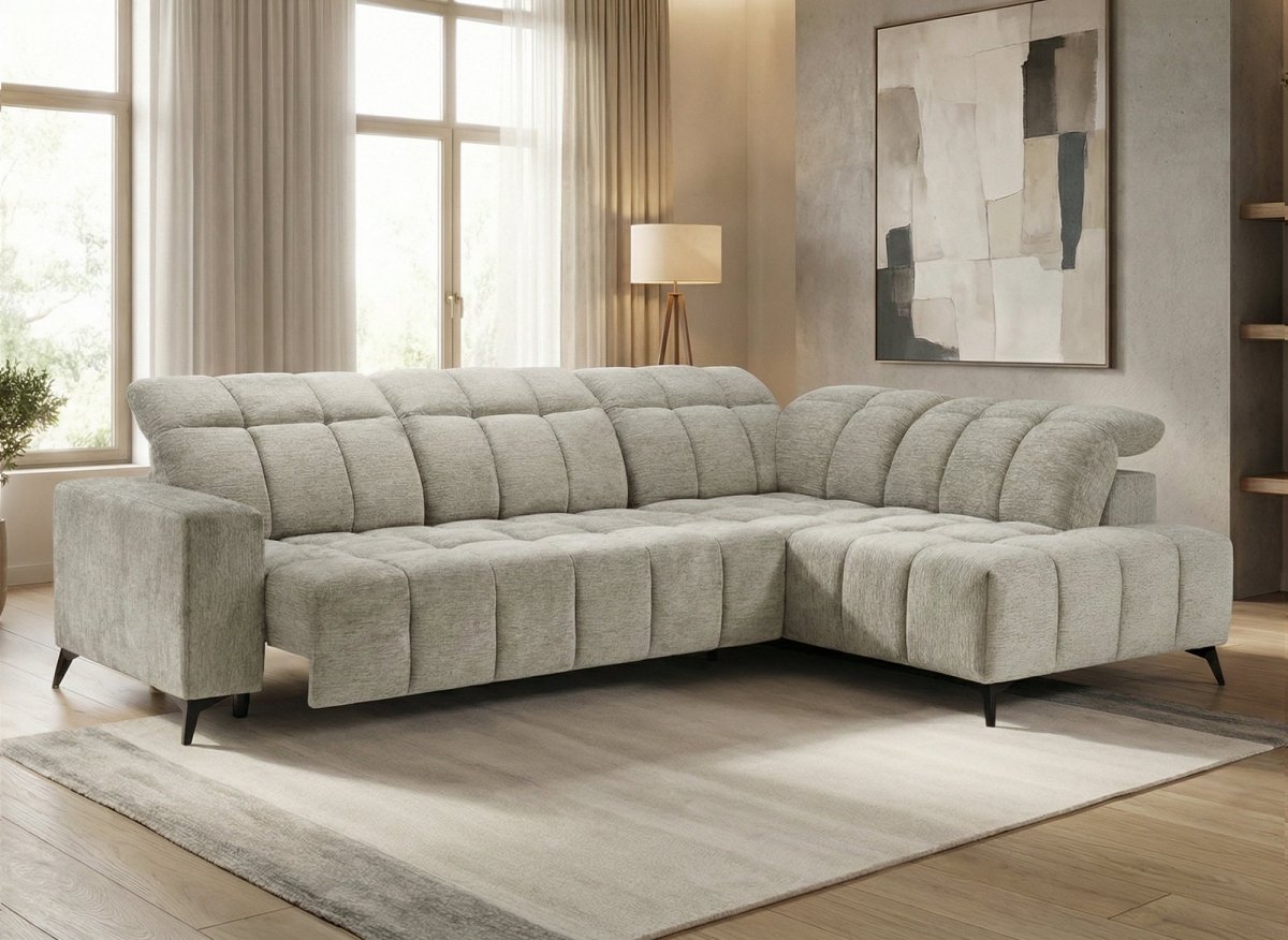 Canapé d'angle relax électrique en velours chiné beige ALVAR - Angle droit - DécoInParis