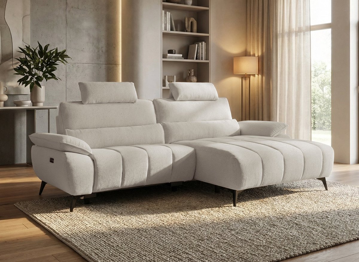 Canapé d’angle relax électrique en velours chiné beige LYANA - Angle droit - DécoInParis